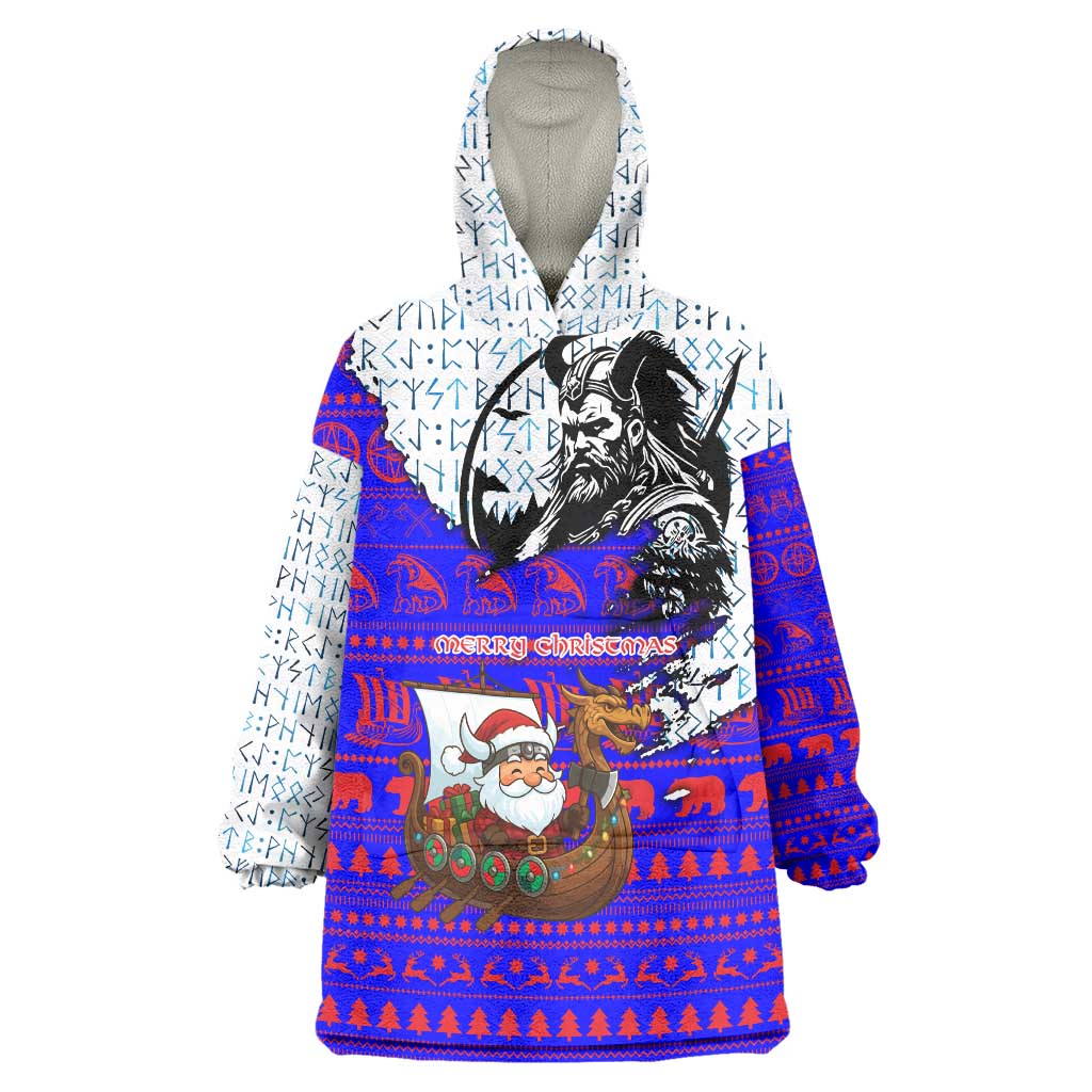 Viking Christmas Wearable Blanket Hoodie with Santa in Longship Dragon Head Helmet Runes Blue Red Knit Pattern Design - Wonder Print Shop