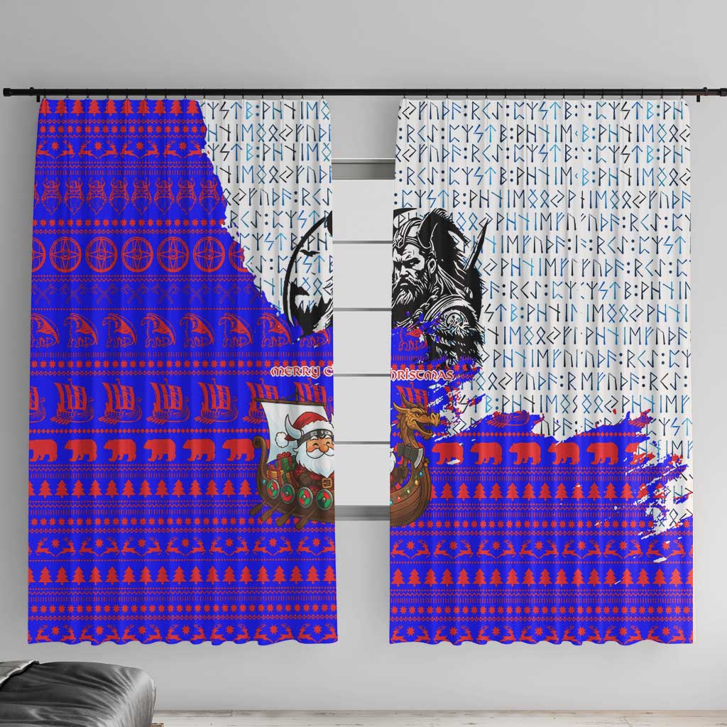Viking Christmas Window Curtain with Santa in Longship Dragon Head Helmet Runes Blue Red Knit Pattern Design - Wonder Print Shop