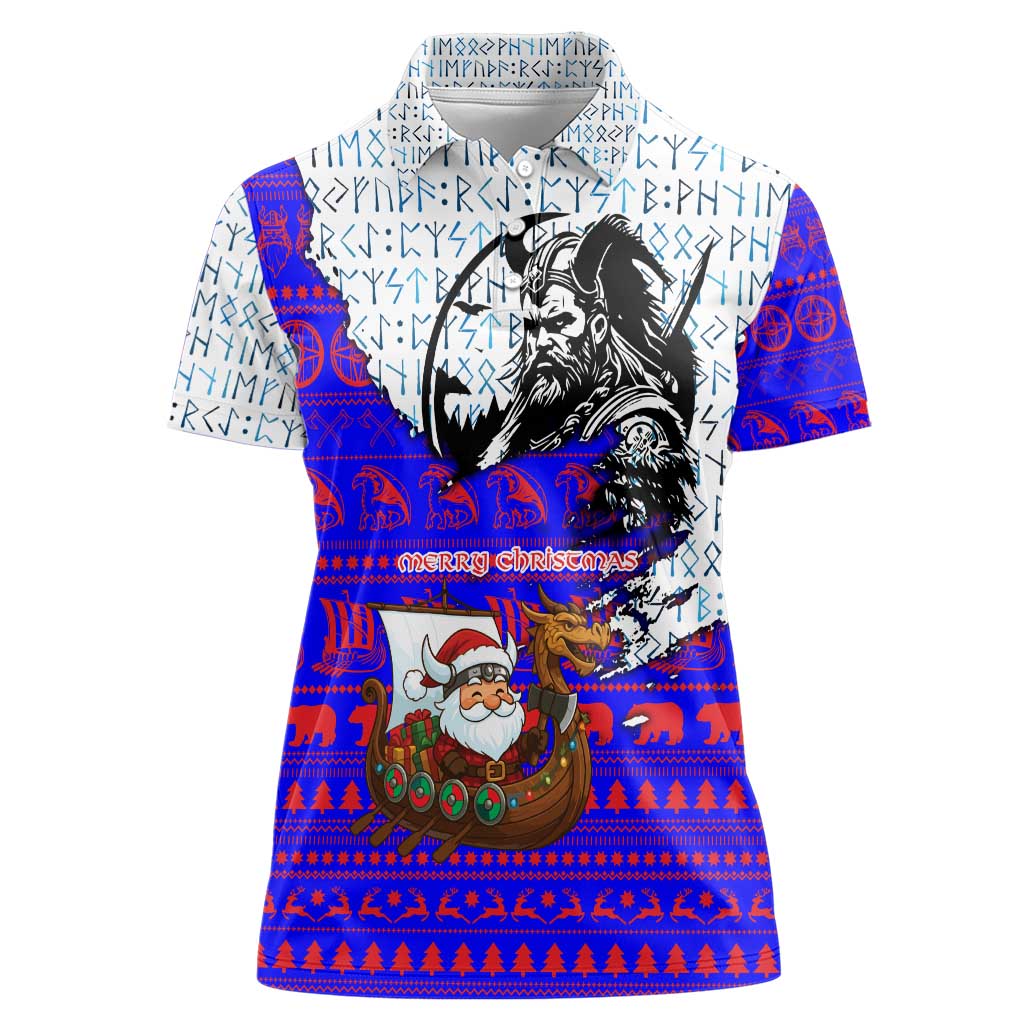 Viking Christmas Women Polo Shirt with Santa in Longship Dragon Head Helmet Runes Blue Red Knit Pattern Design - Wonder Print Shop