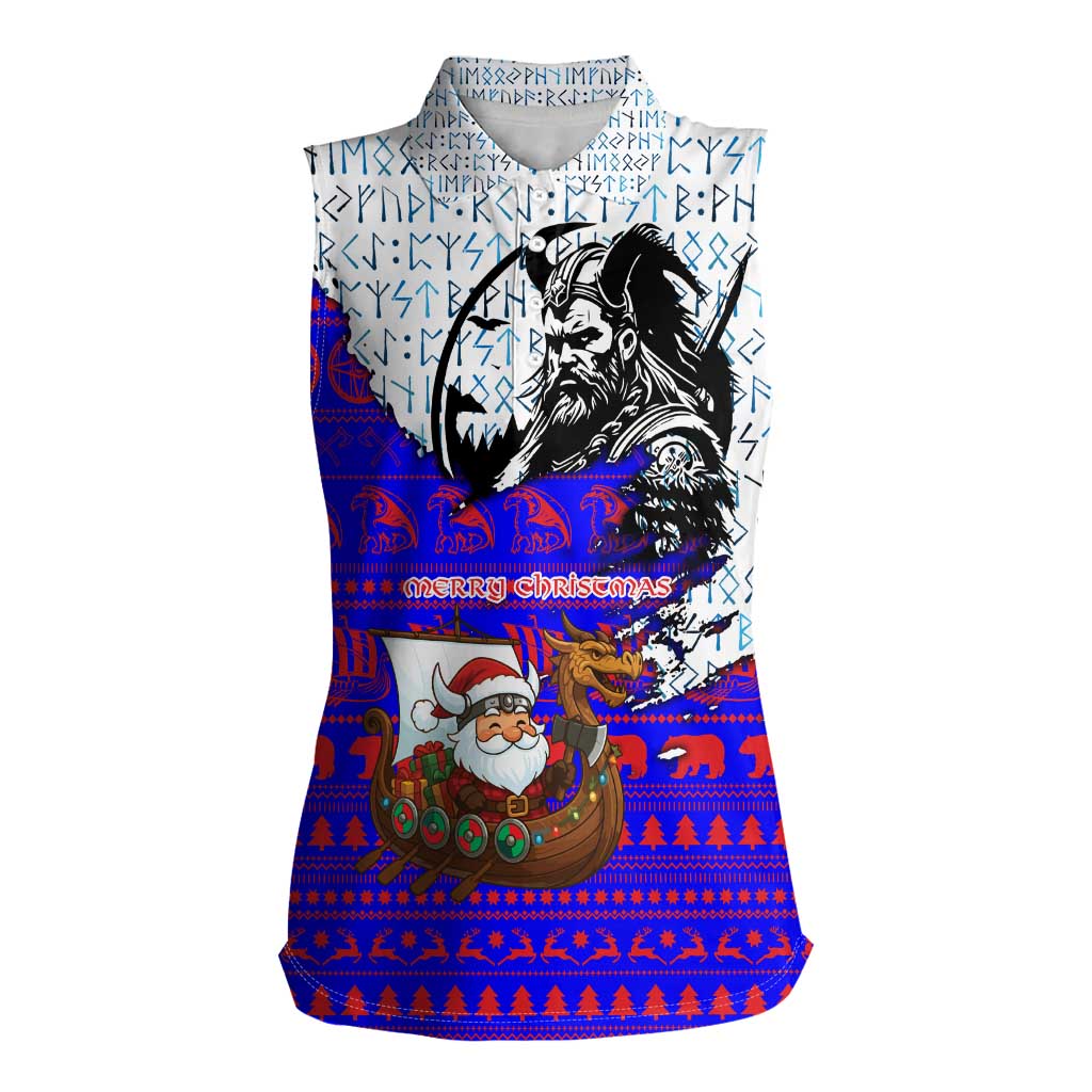Viking Christmas Women Sleeveless Polo Shirt with Santa in Longship Dragon Head Helmet Runes Blue Red Knit Pattern Design - Wonder Print Shop