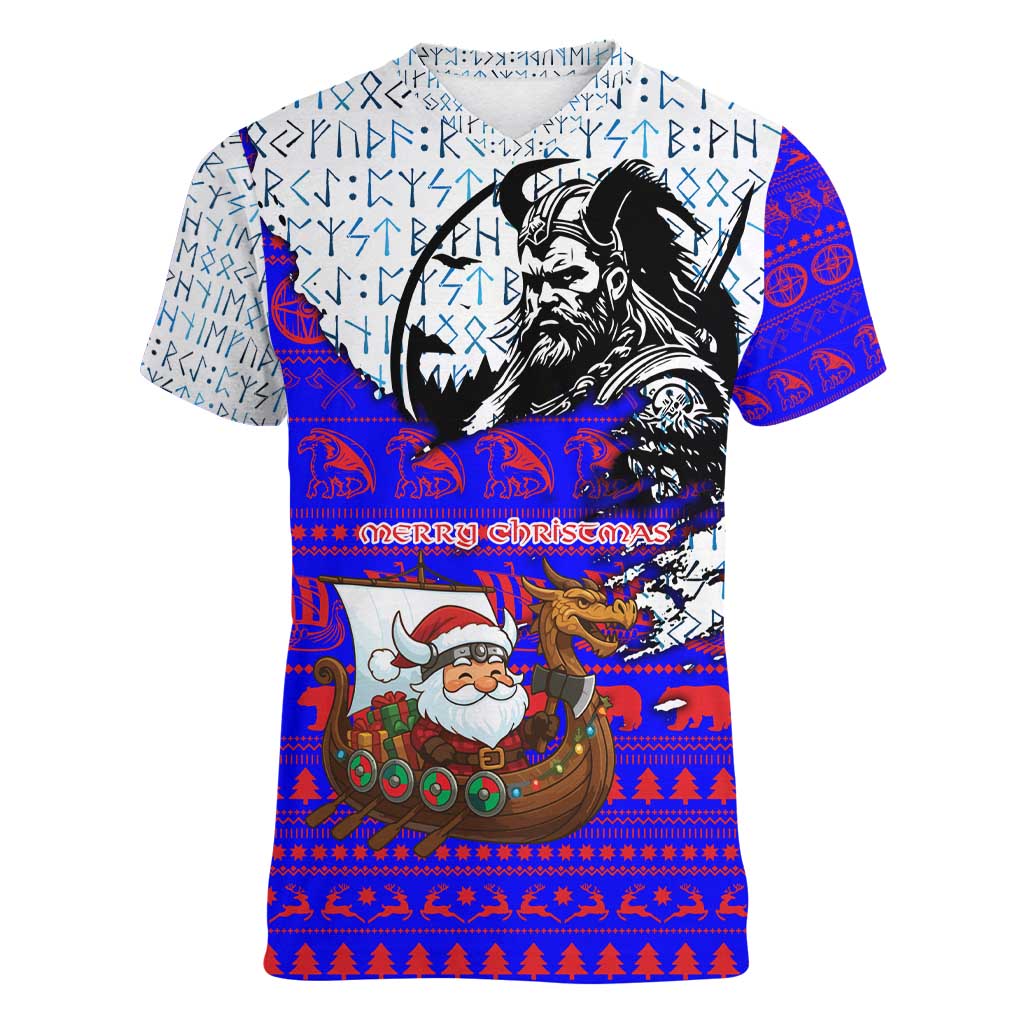 Viking Christmas Women V-Neck T-Shirt with Santa in Longship Dragon Head Helmet Runes Blue Red Knit Pattern Design - Wonder Print Shop