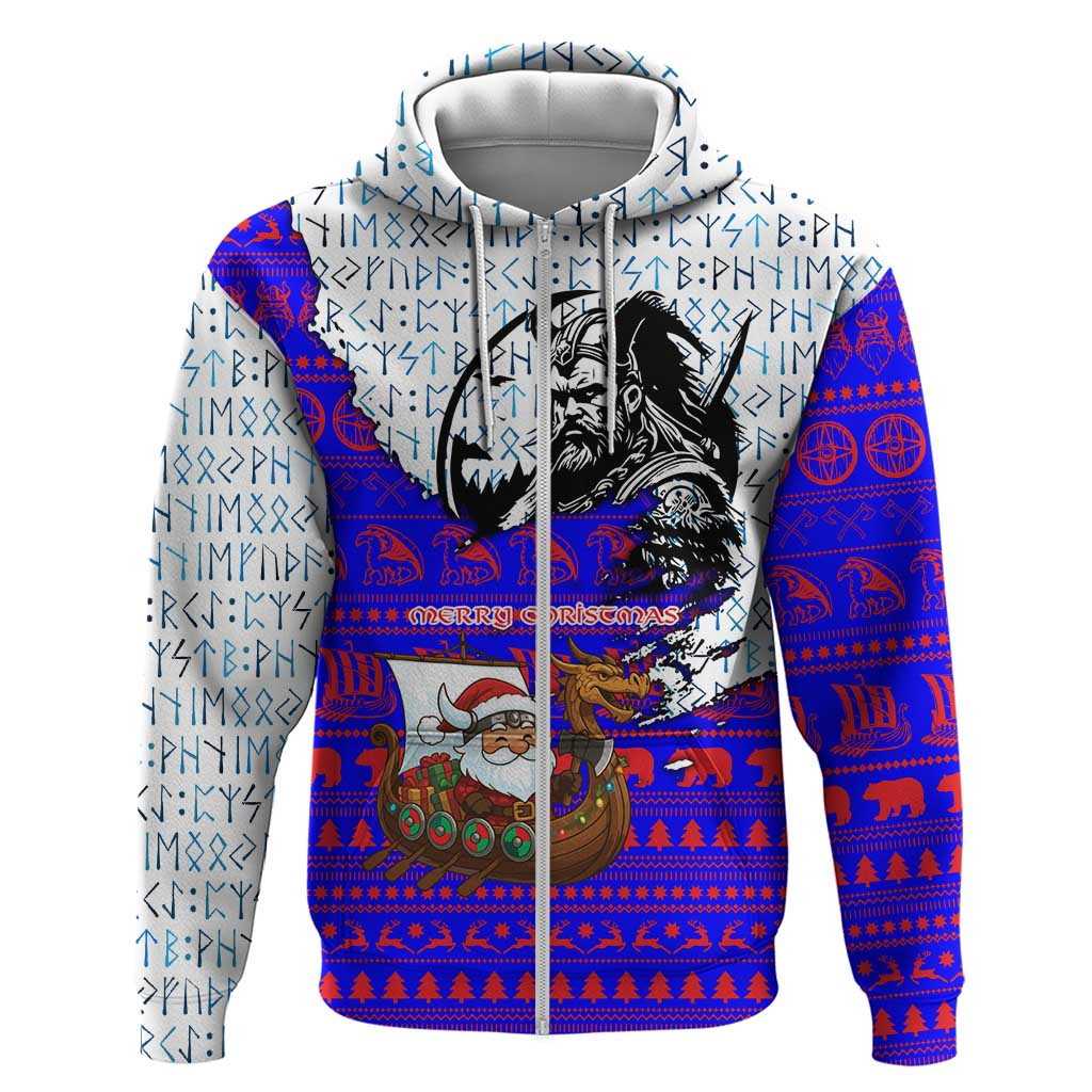 Viking Christmas Zip Hoodie with Santa in Longship Dragon Head Helmet Runes Blue Red Knit Pattern Design - Wonder Print Shop
