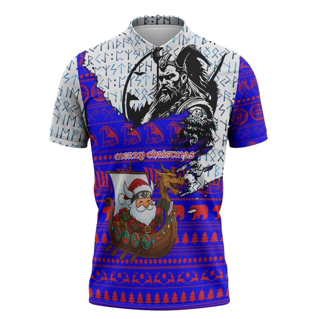 Viking Christmas Zipper Polo Shirt with Santa in Longship Dragon Head Helmet Runes Blue Red Knit Pattern Design - Wonder Print Shop
