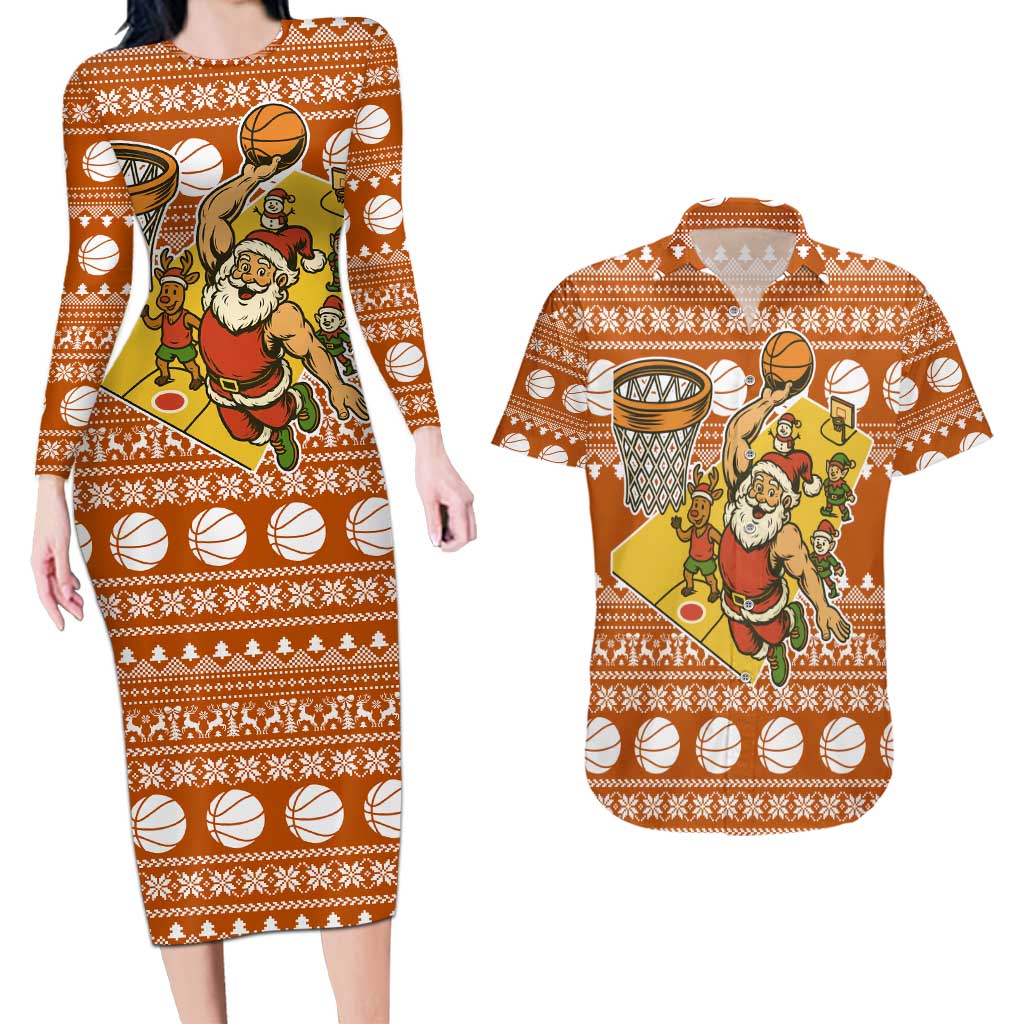 Basketball Santa Claus Christmas Couples Matching Long Sleeve Bodycon Dress and Hawaiian Shirt Xmas Holiday Patterns - Wonder Print Shop