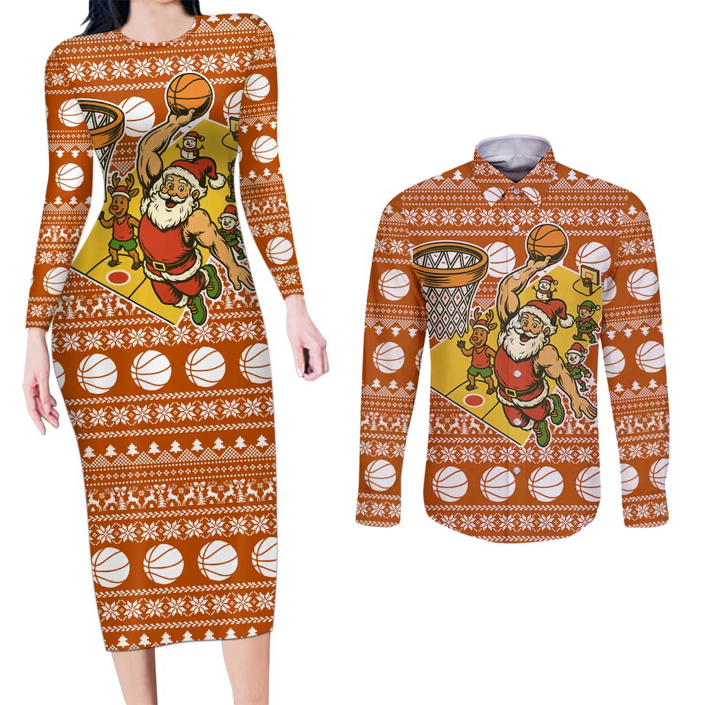 Basketball Santa Claus Christmas Couples Matching Long Sleeve Bodycon Dress and Long Sleeve Button Shirt Xmas Holiday Patterns - Wonder Print Shop