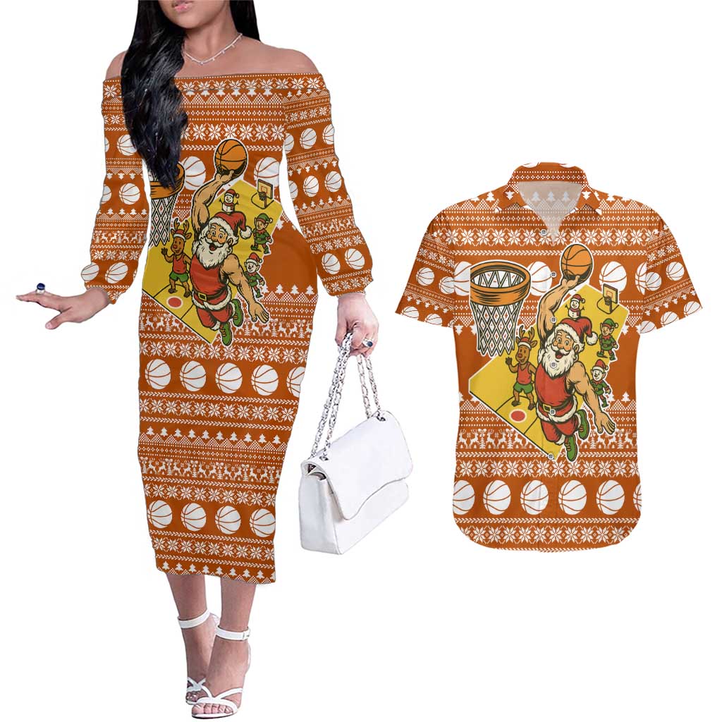 Basketball Santa Claus Christmas Couples Matching Off The Shoulder Long Sleeve Dress and Hawaiian Shirt Xmas Holiday Patterns - Wonder Print Shop