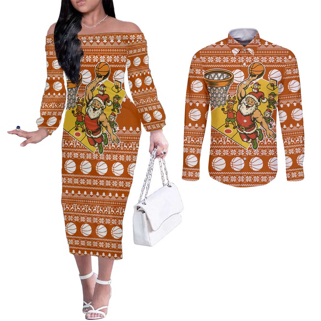 Basketball Santa Claus Christmas Couples Matching Off The Shoulder Long Sleeve Dress and Long Sleeve Button Shirt Xmas Holiday Patterns - Wonder Print Shop
