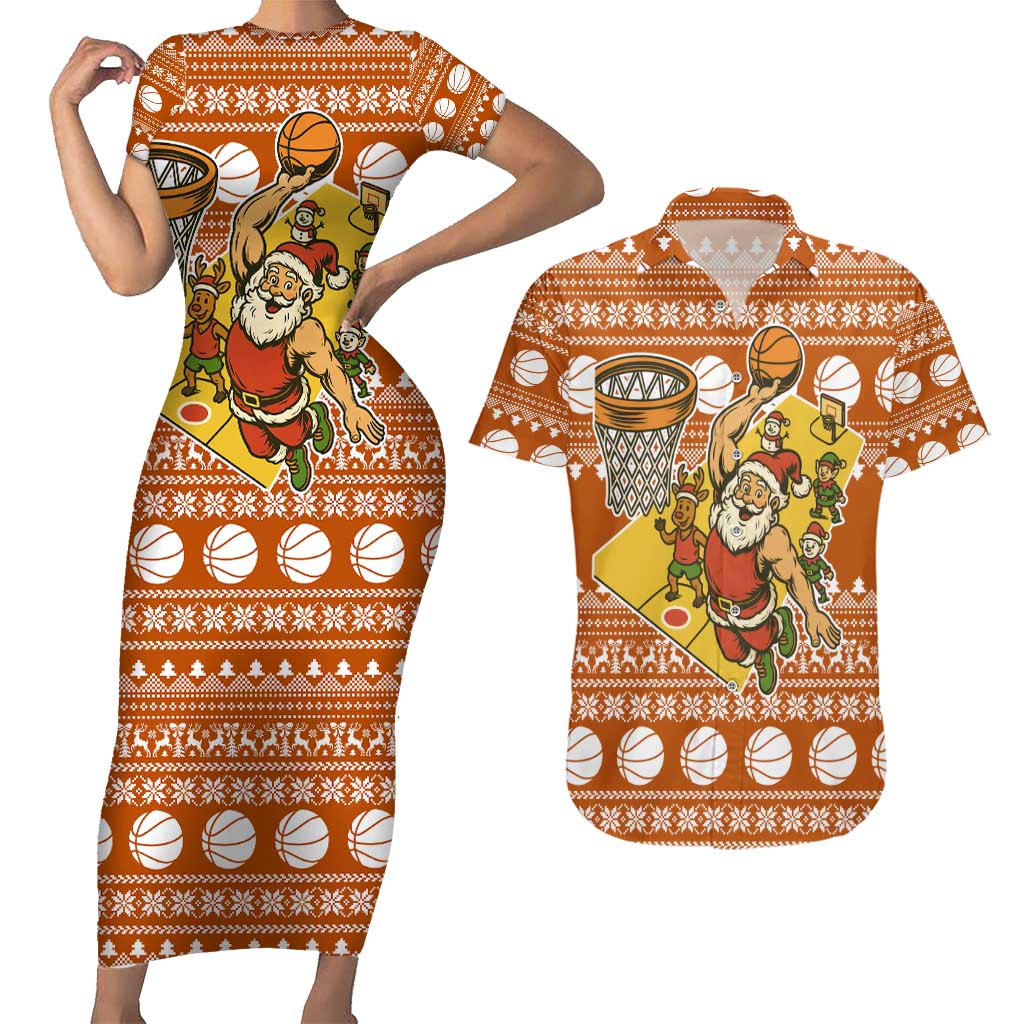 Basketball Santa Claus Christmas Couples Matching Short Sleeve Bodycon Dress and Hawaiian Shirt Xmas Holiday Patterns - Wonder Print Shop