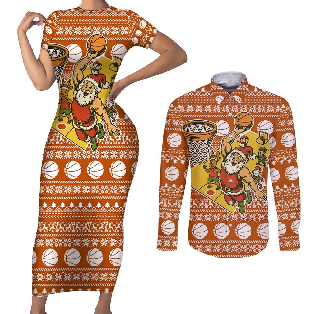 Basketball Santa Claus Christmas Couples Matching Short Sleeve Bodycon Dress and Long Sleeve Button Shirt Xmas Holiday Patterns - Wonder Print Shop