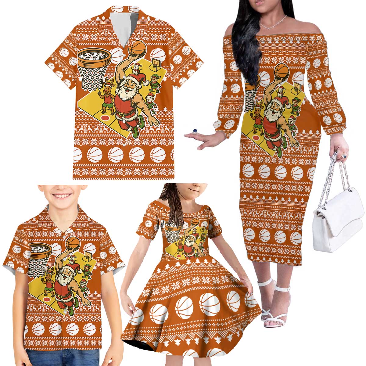 Basketball Santa Claus Christmas Family Matching Off The Shoulder Long Sleeve Dress and Hawaiian Shirt Xmas Holiday Patterns - Wonder Print Shop