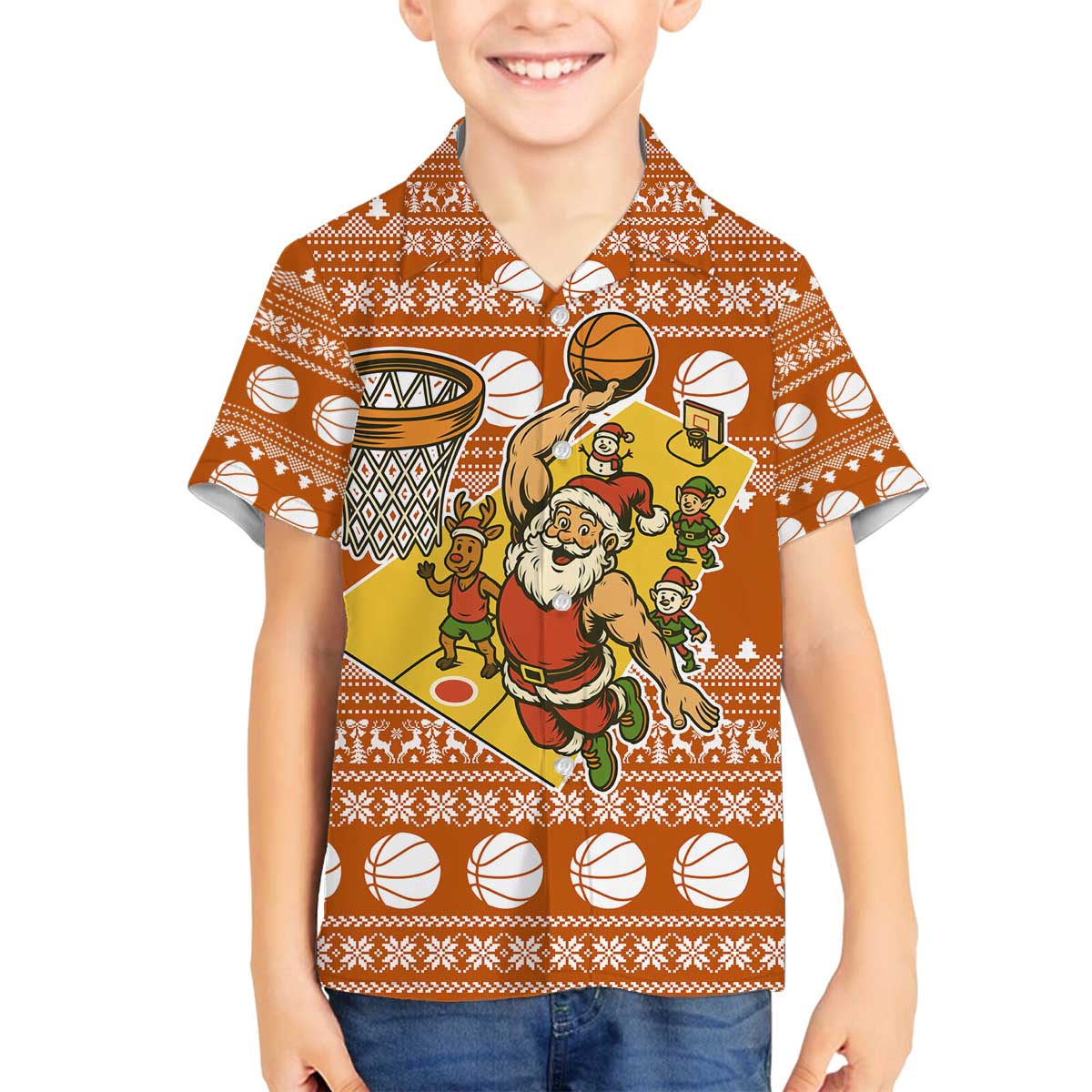 Basketball Santa Claus Christmas Family Matching Off The Shoulder Long Sleeve Dress and Hawaiian Shirt Xmas Holiday Patterns - Wonder Print Shop