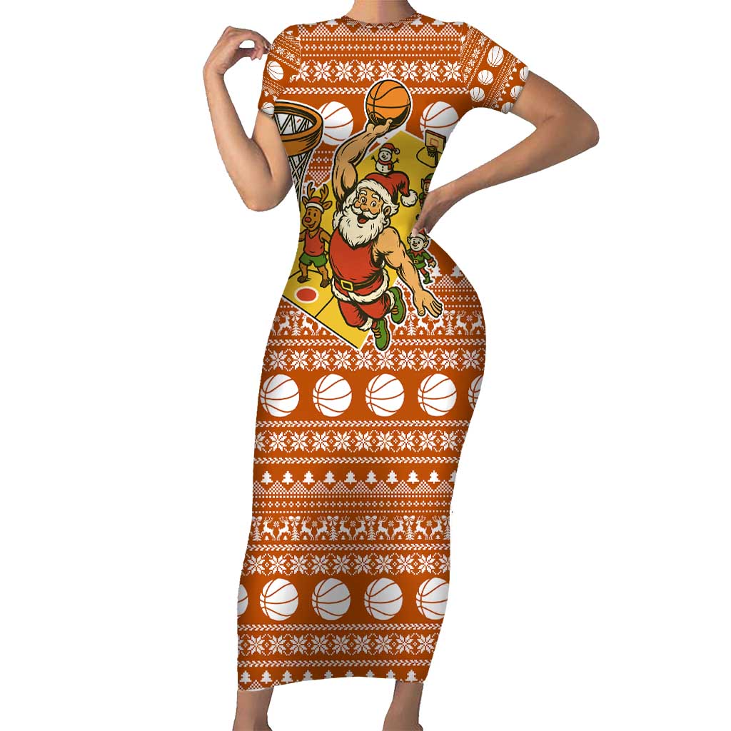 Basketball Santa Claus Christmas Family Matching Short Sleeve Bodycon Dress and Hawaiian Shirt Xmas Holiday Patterns - Wonder Print Shop