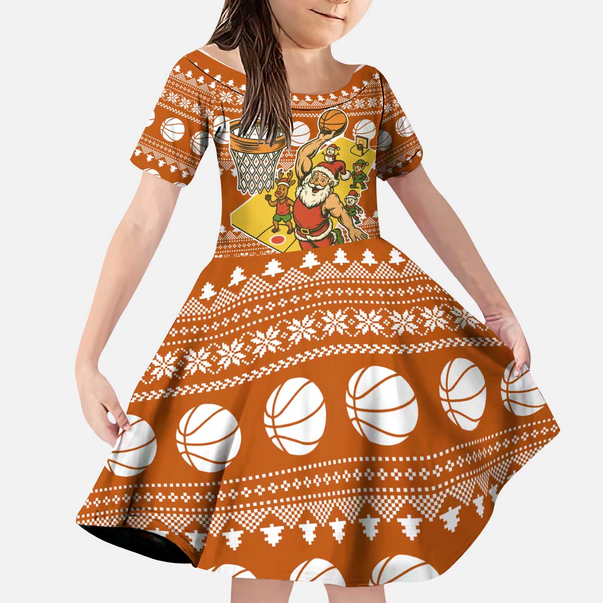 Basketball Santa Claus Christmas Kid Short Sleeve Dress Xmas Holiday Patterns - Wonder Print Shop