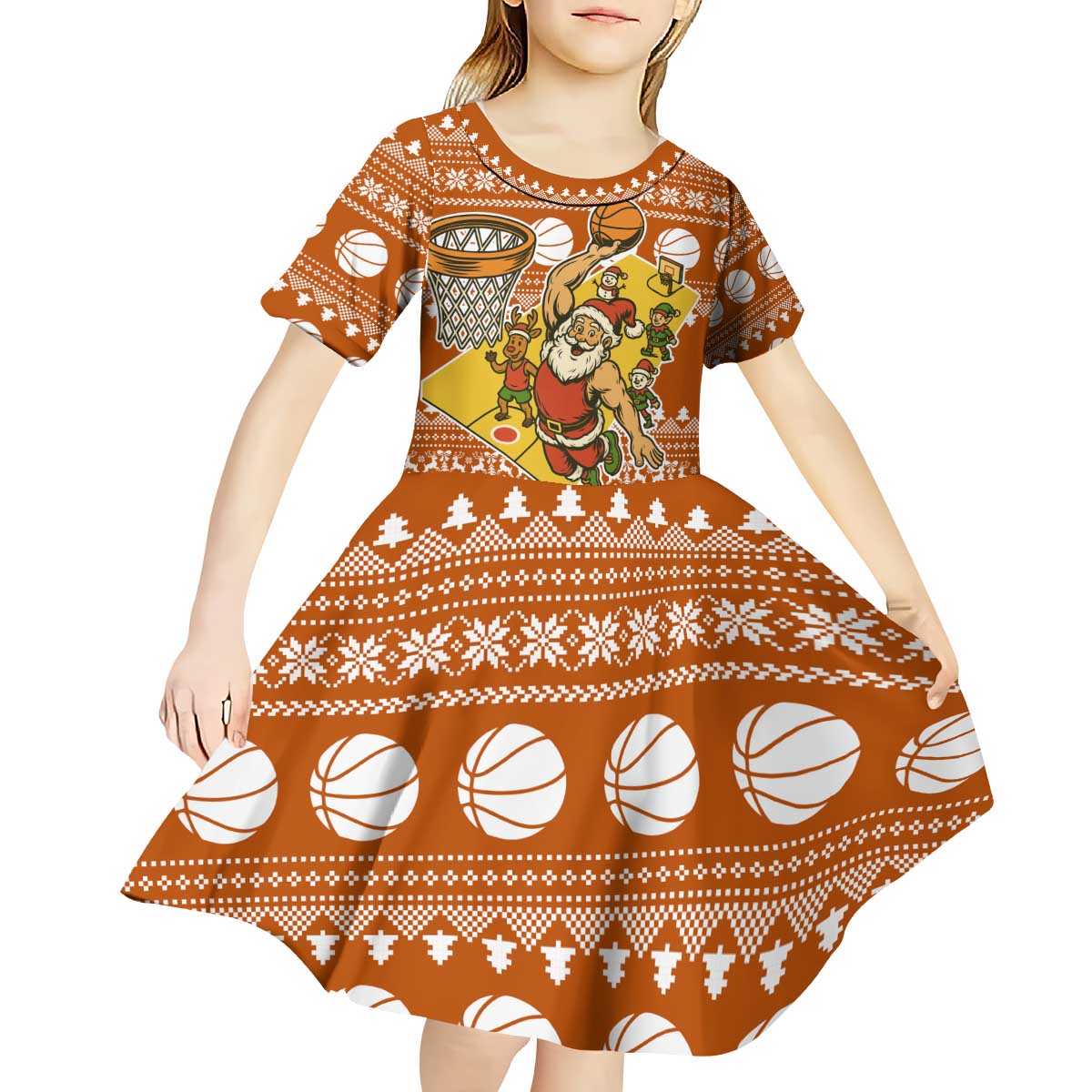 Basketball Santa Claus Christmas Kid Short Sleeve Dress Xmas Holiday Patterns - Wonder Print Shop