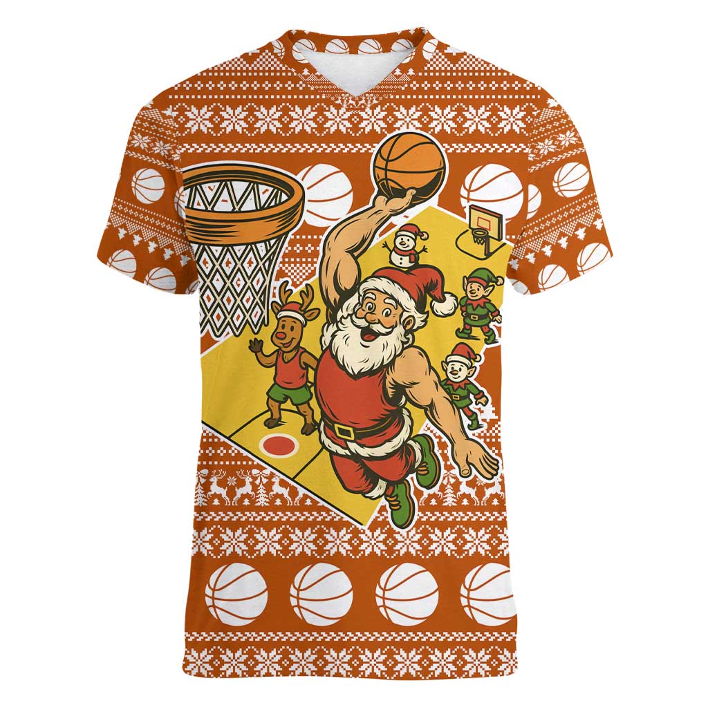 Basketball Santa Claus Christmas Women V-Neck T-Shirt Xmas Holiday Patterns - Wonder Print Shop