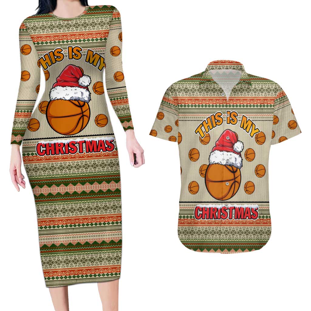 Basketball Winter Christmas Couples Matching Long Sleeve Bodycon Dress and Hawaiian Shirt Xmas Holiday Patterns - Wonder Print Shop