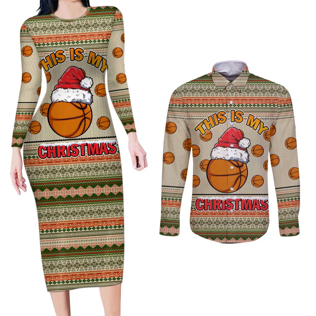 Basketball Winter Christmas Couples Matching Long Sleeve Bodycon Dress and Long Sleeve Button Shirt Xmas Holiday Patterns - Wonder Print Shop