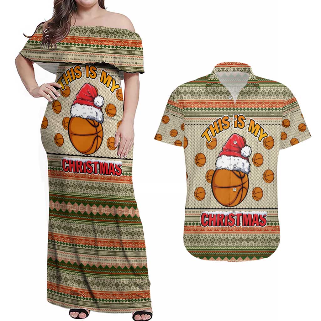 Basketball Winter Christmas Couples Matching Off Shoulder Maxi Dress and Hawaiian Shirt Xmas Holiday Patterns - Wonder Print Shop