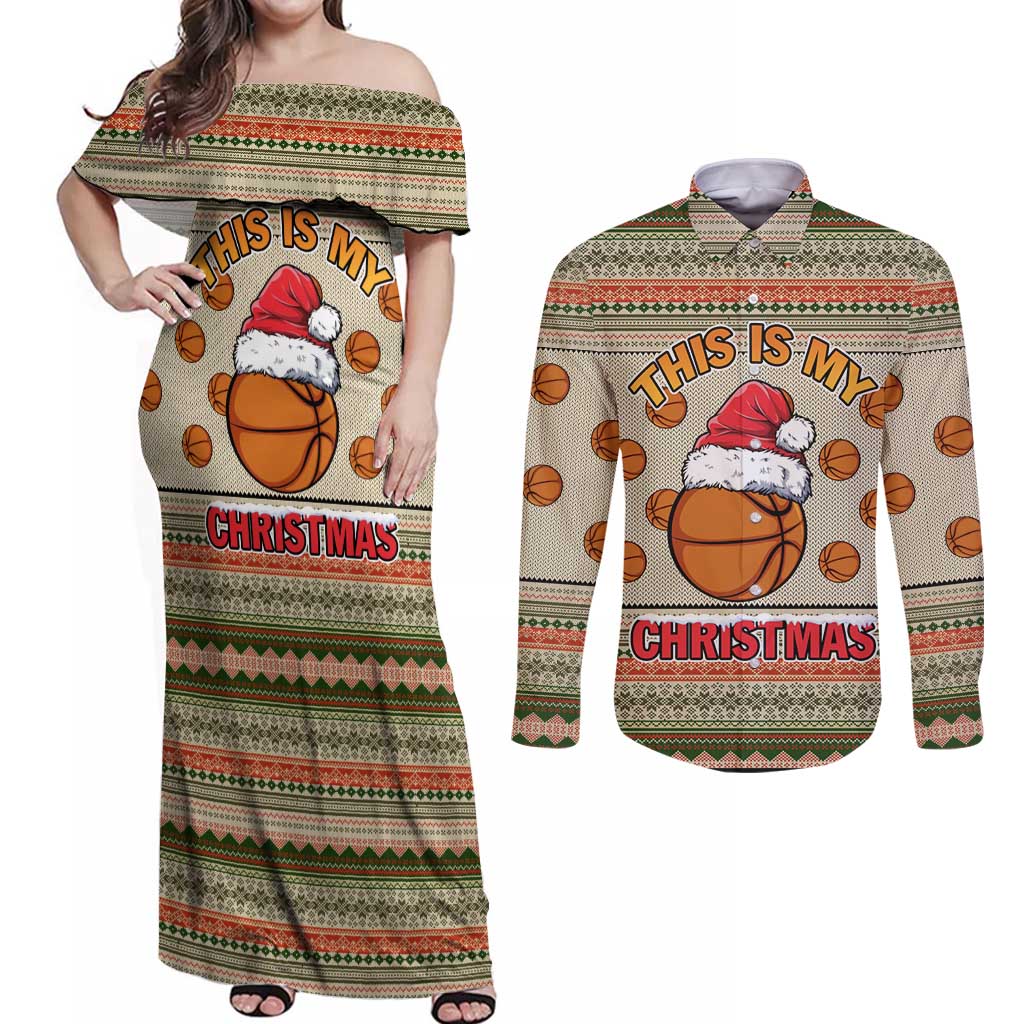 Basketball Winter Christmas Couples Matching Off Shoulder Maxi Dress and Long Sleeve Button Shirt Xmas Holiday Patterns - Wonder Print Shop