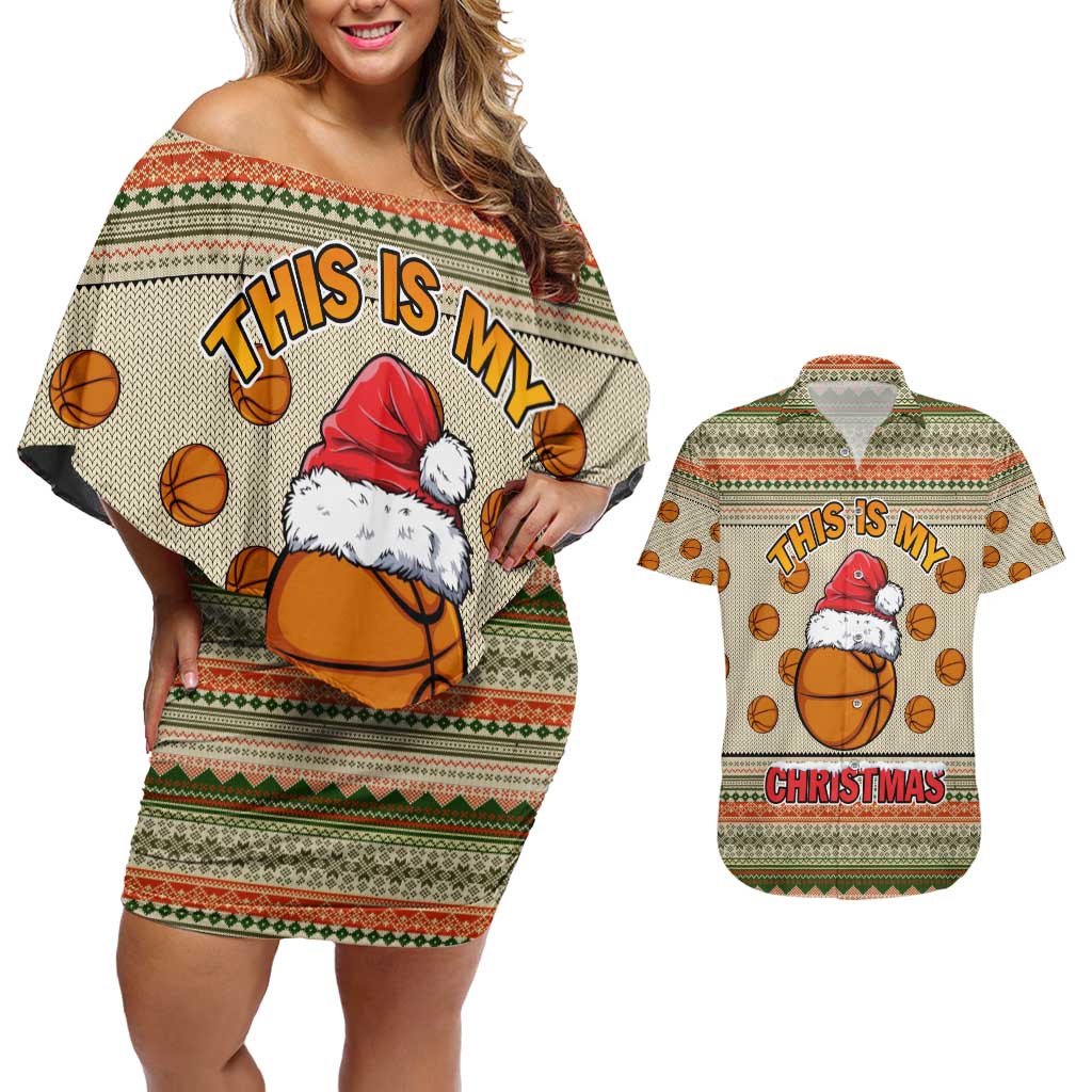 Basketball Winter Christmas Couples Matching Off Shoulder Short Dress and Hawaiian Shirt Xmas Holiday Patterns - Wonder Print Shop