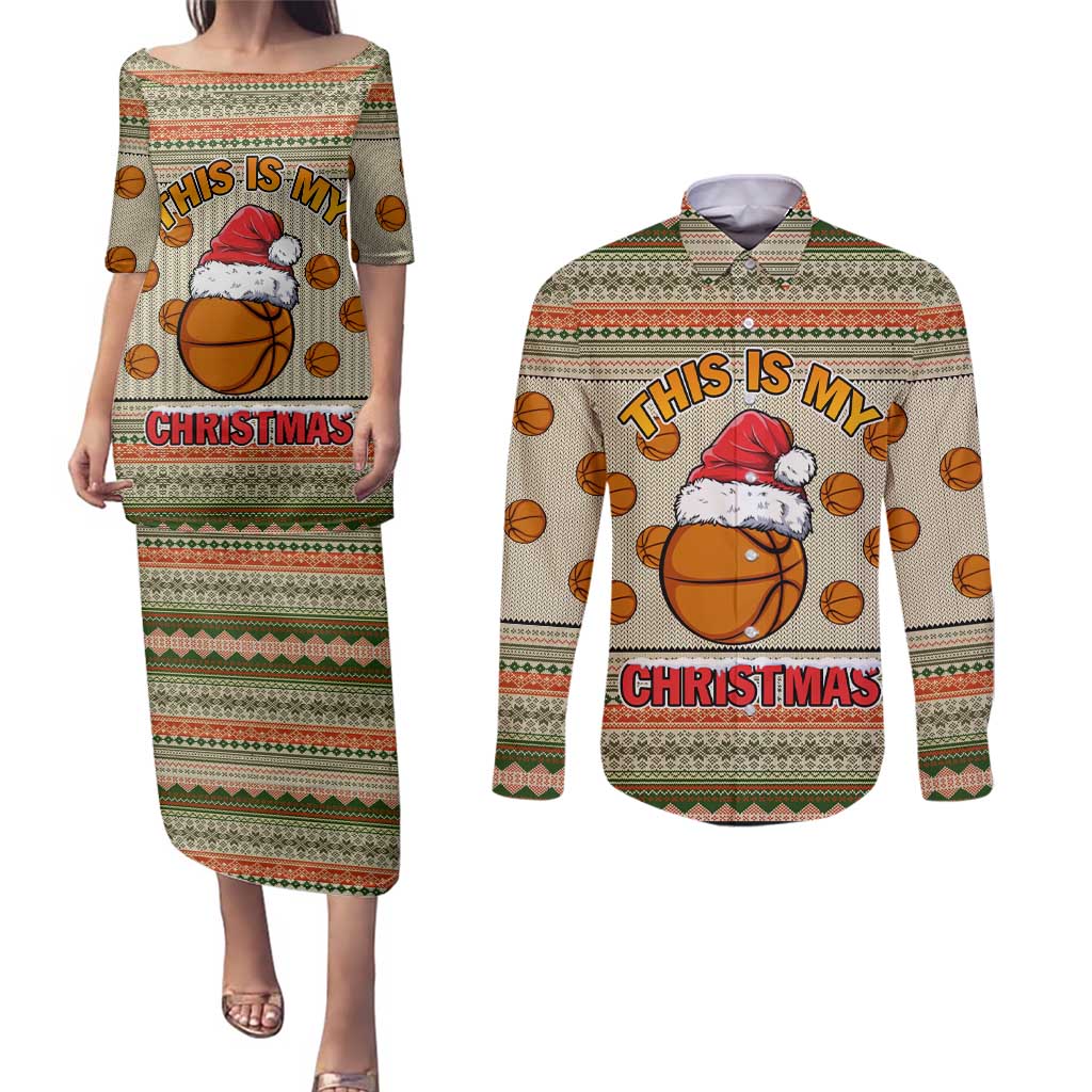 Basketball Winter Christmas Couples Matching Puletasi and Long Sleeve Button Shirt Xmas Holiday Patterns - Wonder Print Shop