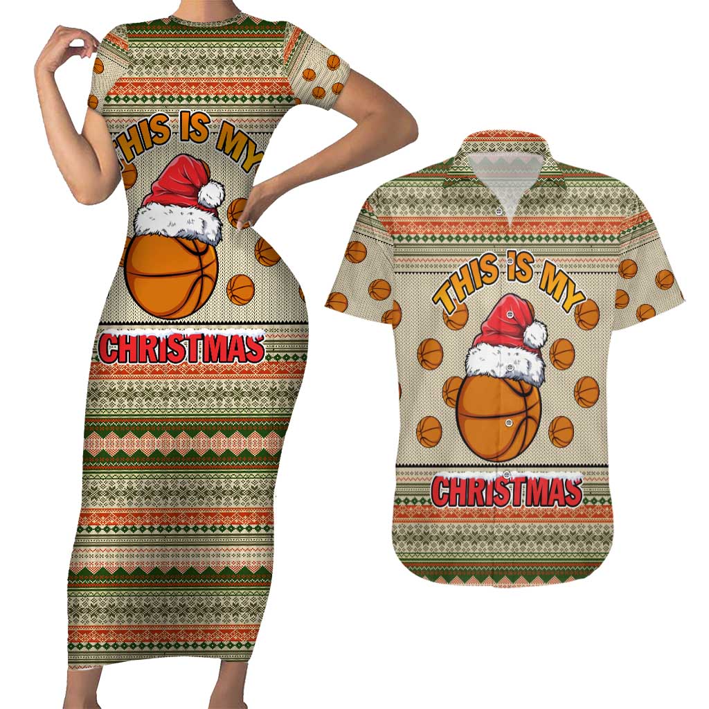 Basketball Winter Christmas Couples Matching Short Sleeve Bodycon Dress and Hawaiian Shirt Xmas Holiday Patterns - Wonder Print Shop