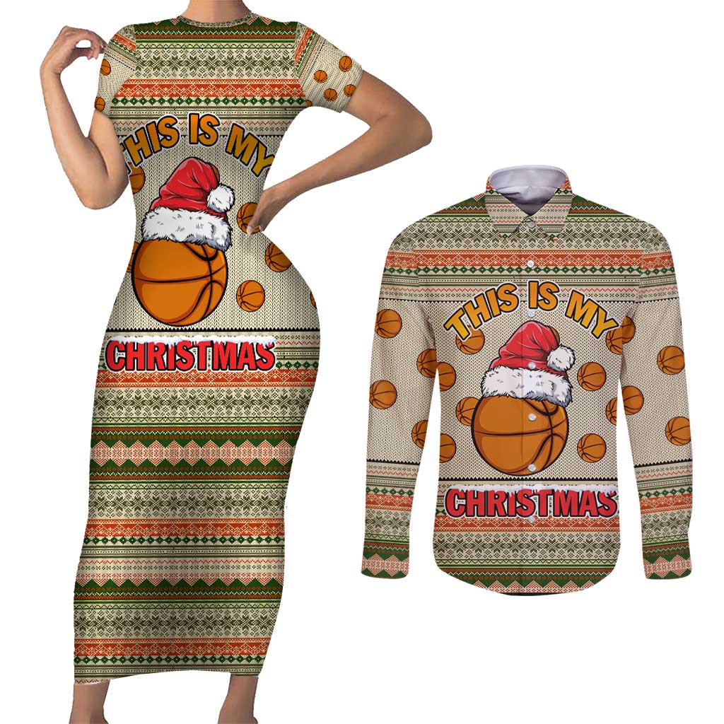 Basketball Winter Christmas Couples Matching Short Sleeve Bodycon Dress and Long Sleeve Button Shirt Xmas Holiday Patterns - Wonder Print Shop