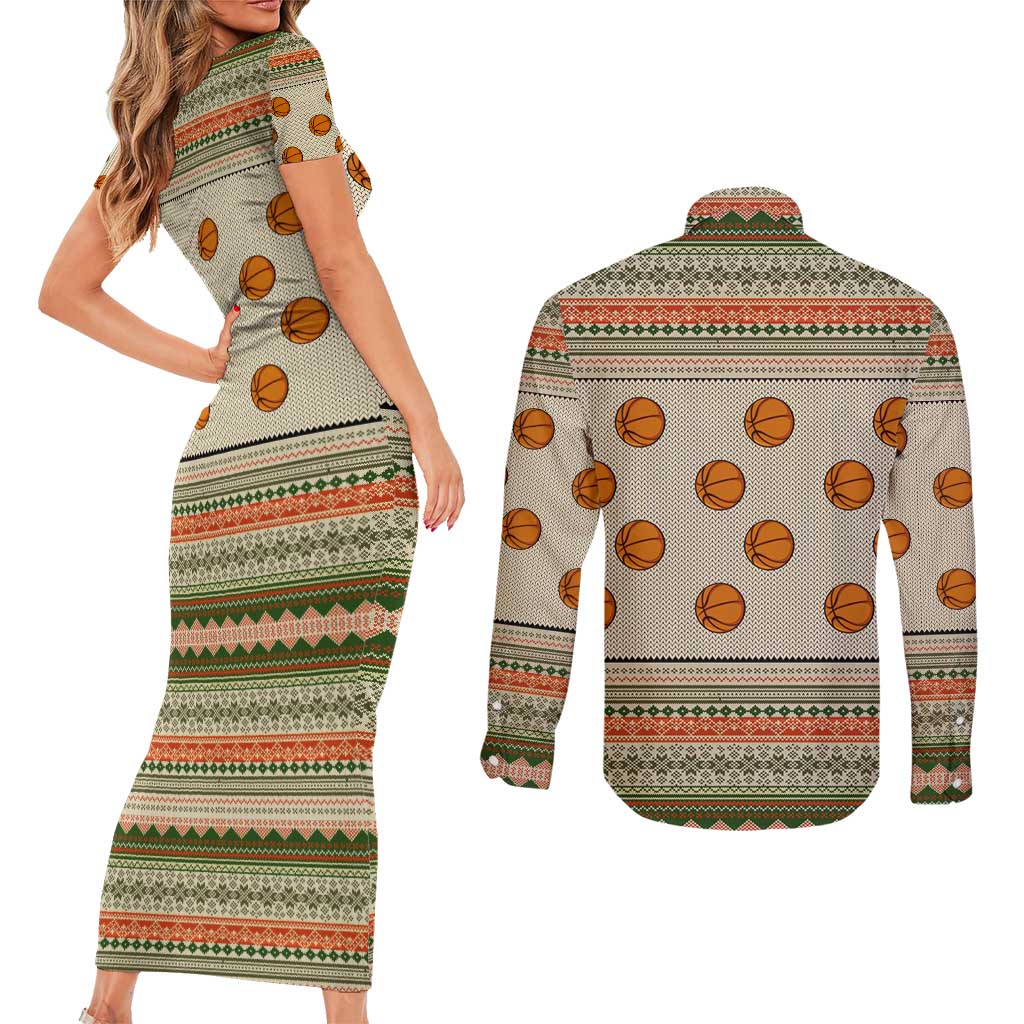 Basketball Winter Christmas Couples Matching Short Sleeve Bodycon Dress and Long Sleeve Button Shirt Xmas Holiday Patterns - Wonder Print Shop