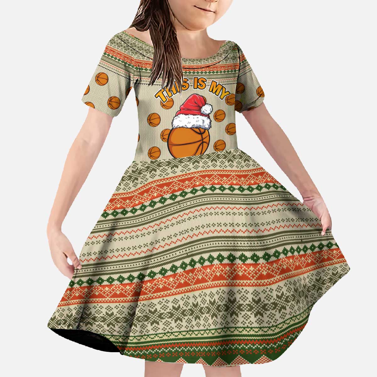 Basketball Winter Christmas Family Matching Off The Shoulder Long Sleeve Dress and Hawaiian Shirt Xmas Holiday Patterns - Wonder Print Shop