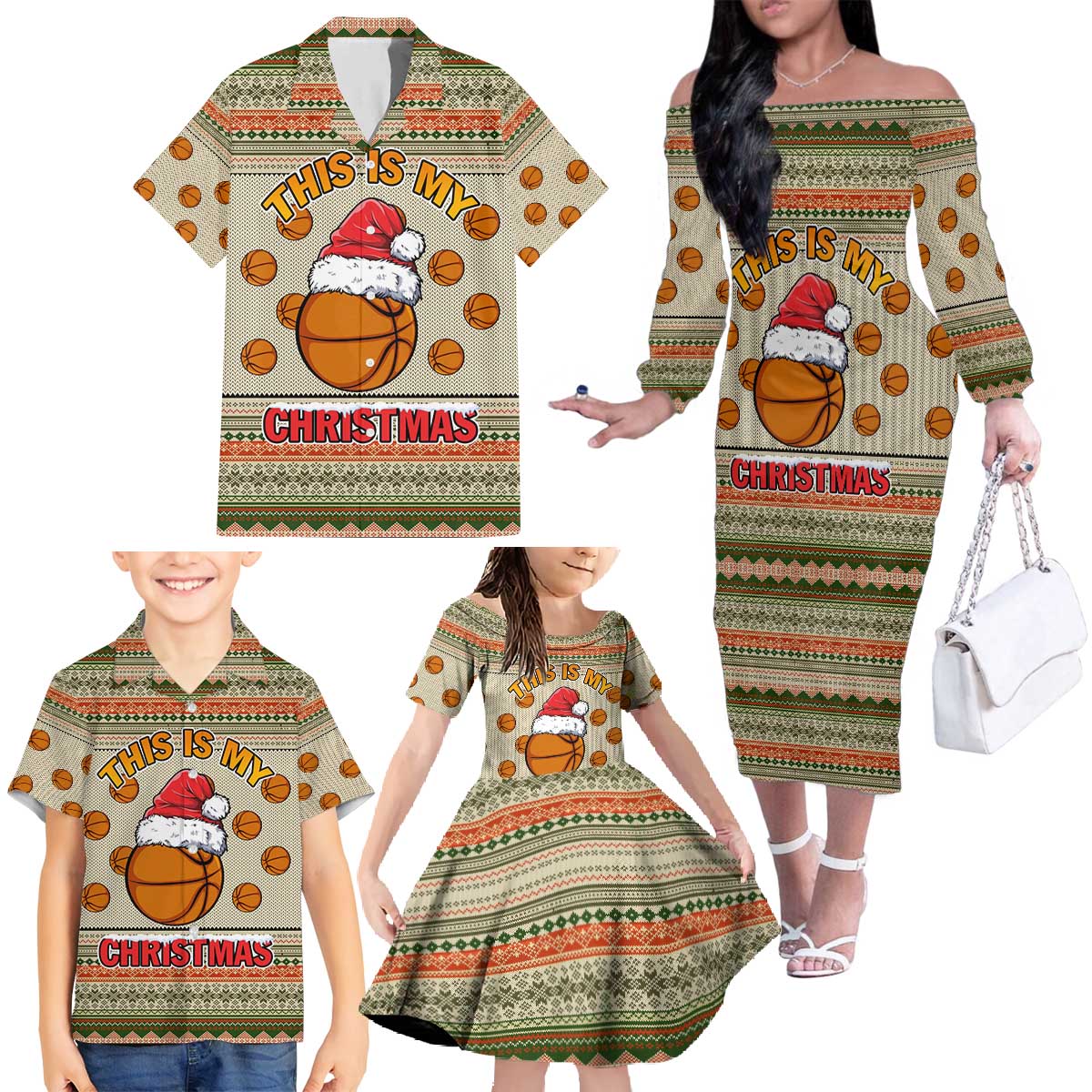 Basketball Winter Christmas Family Matching Off The Shoulder Long Sleeve Dress and Hawaiian Shirt Xmas Holiday Patterns - Wonder Print Shop