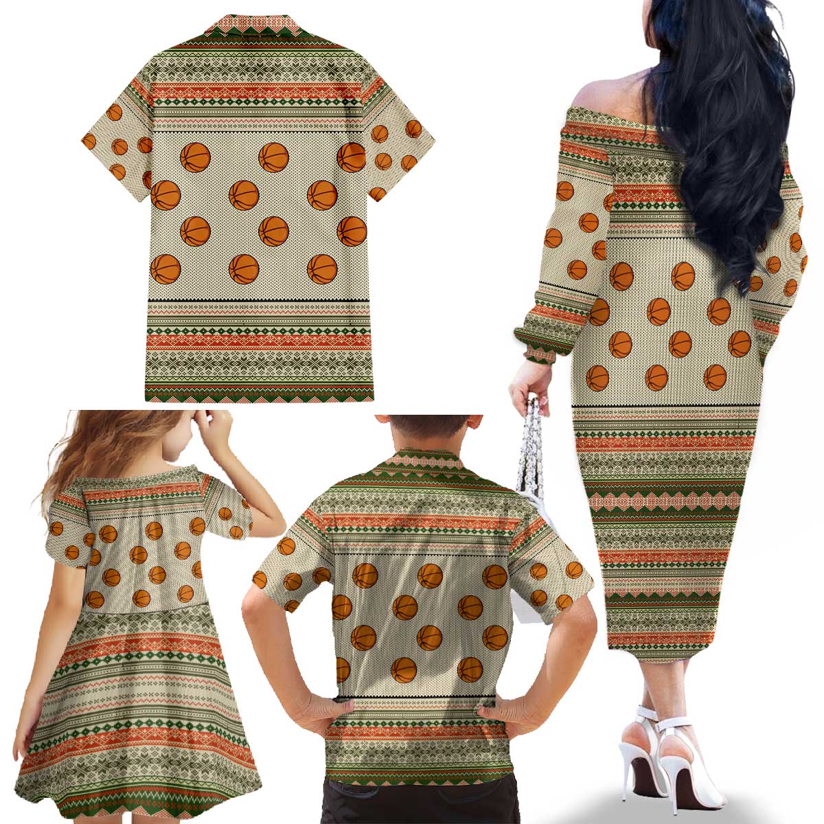 Basketball Winter Christmas Family Matching Off The Shoulder Long Sleeve Dress and Hawaiian Shirt Xmas Holiday Patterns - Wonder Print Shop