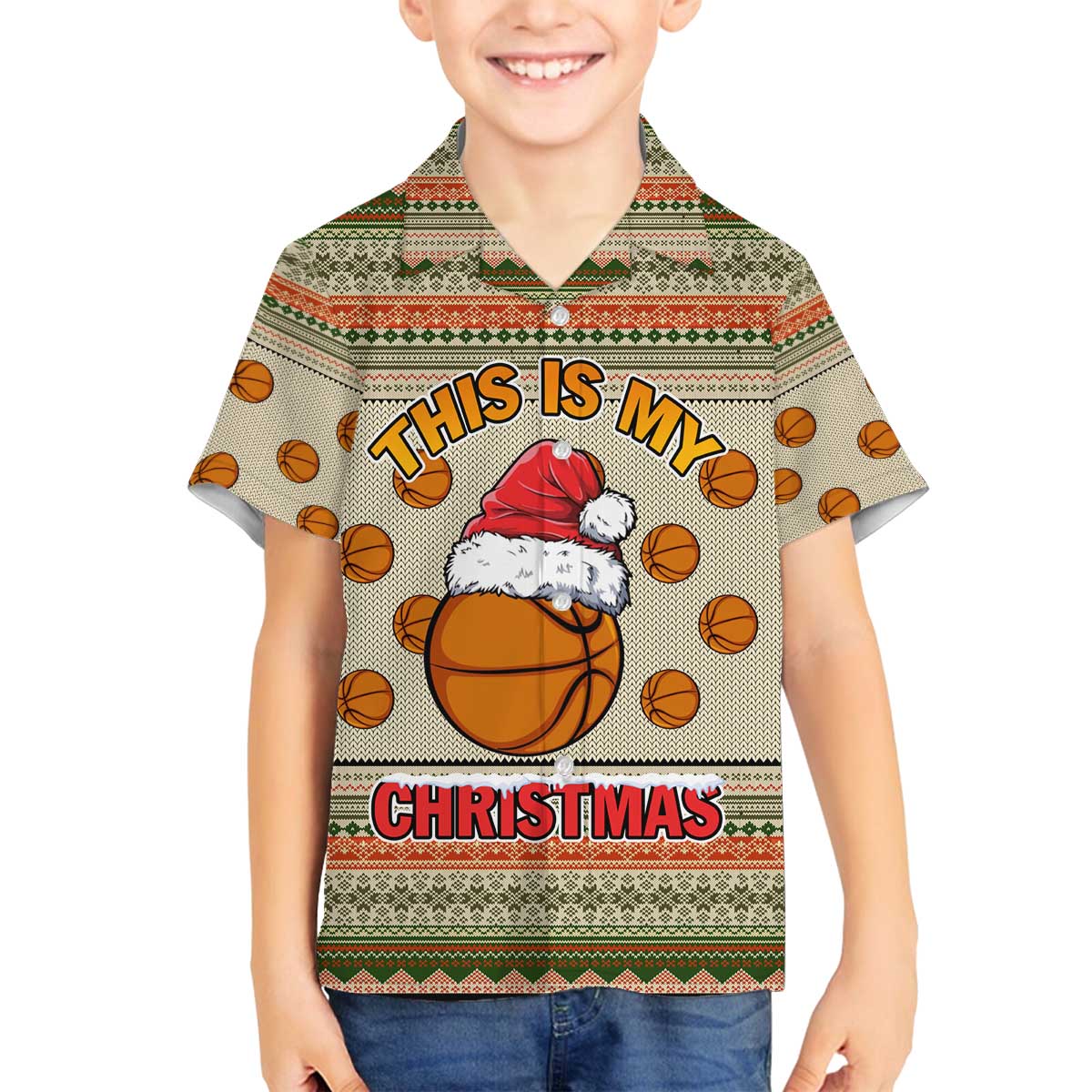Basketball Winter Christmas Family Matching Off The Shoulder Long Sleeve Dress and Hawaiian Shirt Xmas Holiday Patterns - Wonder Print Shop