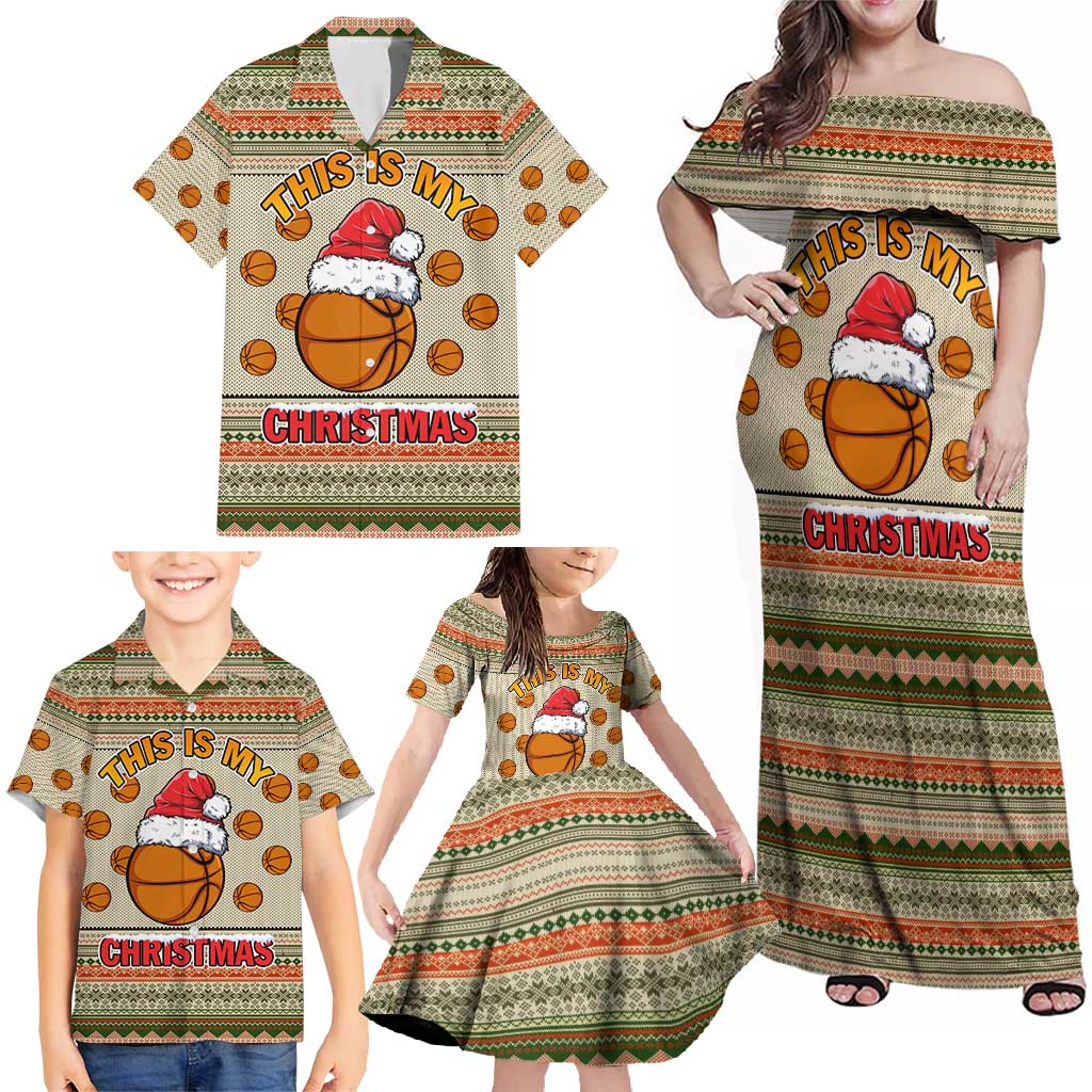 Basketball Winter Christmas Family Matching Off Shoulder Maxi Dress and Hawaiian Shirt Xmas Holiday Patterns - Wonder Print Shop