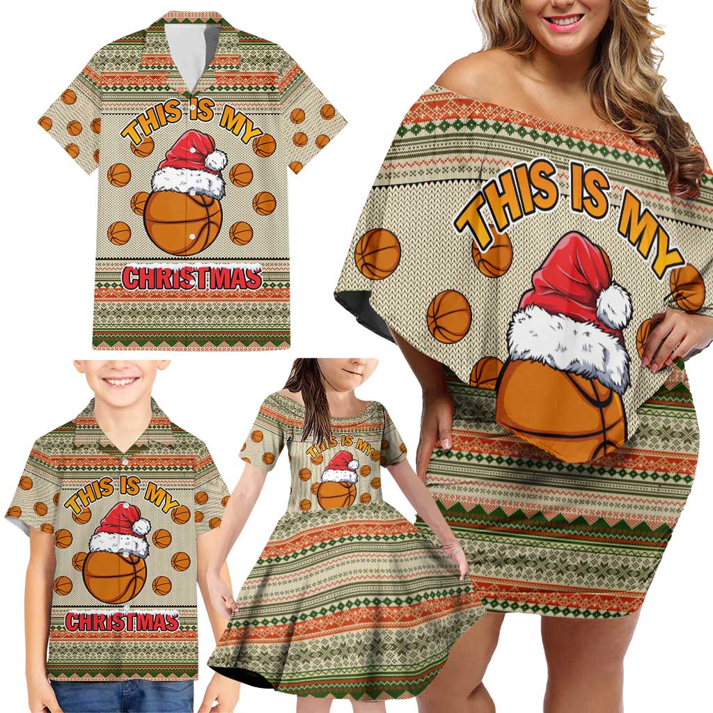 Basketball Winter Christmas Family Matching Off Shoulder Short Dress and Hawaiian Shirt Xmas Holiday Patterns - Wonder Print Shop