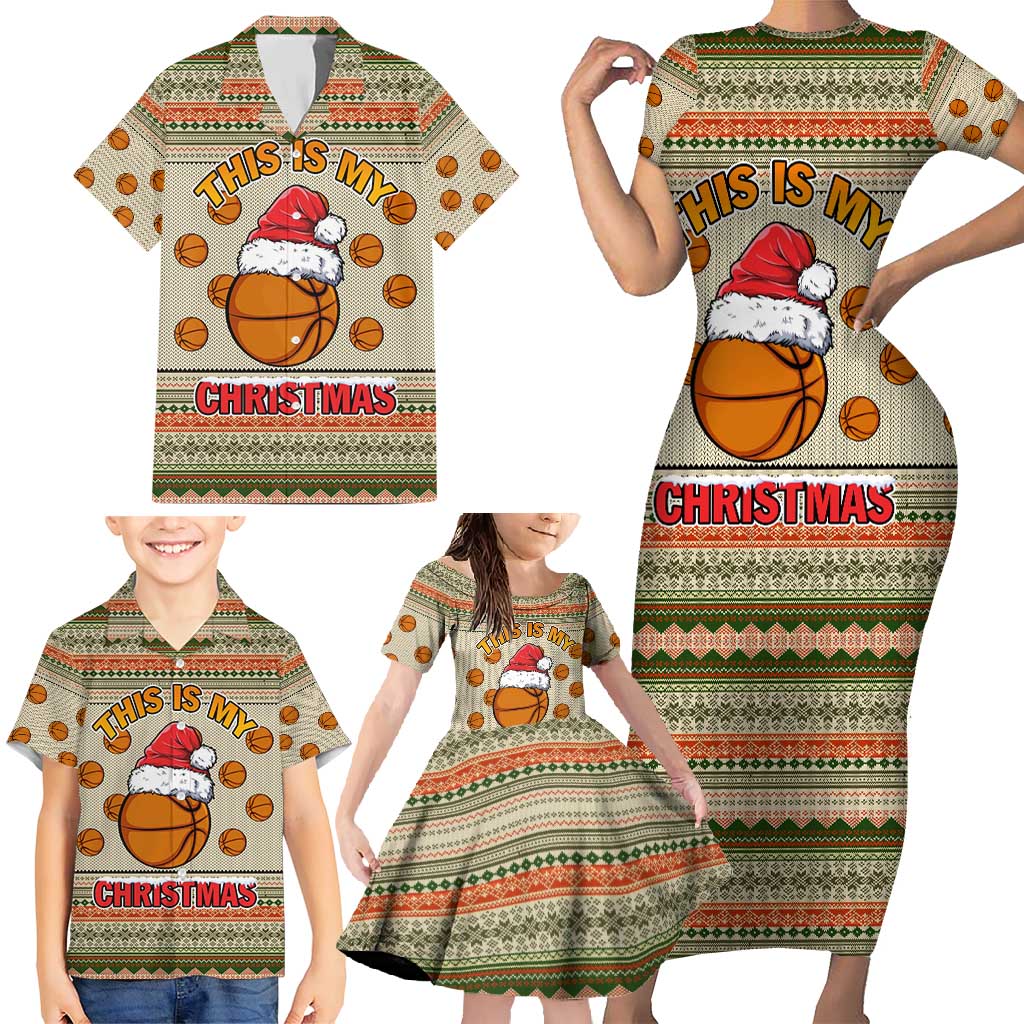 Basketball Winter Christmas Family Matching Short Sleeve Bodycon Dress and Hawaiian Shirt Xmas Holiday Patterns - Wonder Print Shop