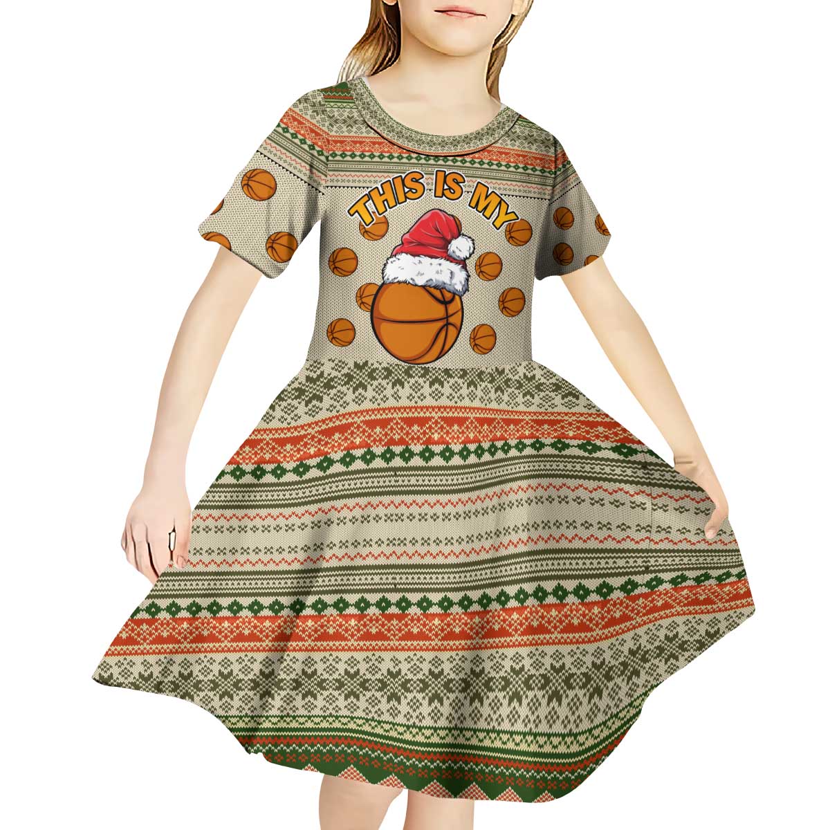 Basketball Winter Christmas Kid Short Sleeve Dress Xmas Holiday Patterns - Wonder Print Shop