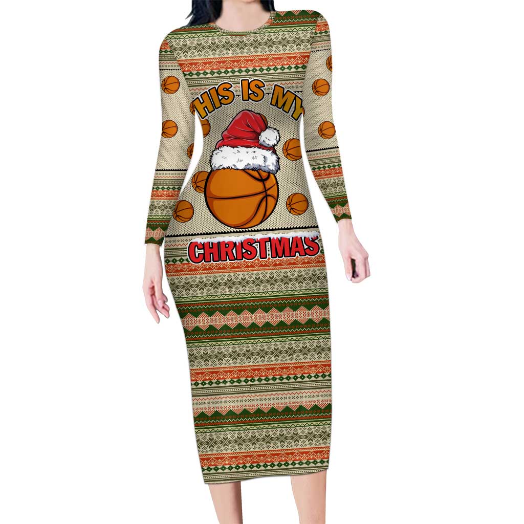 Basketball Winter Christmas Long Sleeve Bodycon Dress Xmas Holiday Patterns - Wonder Print Shop