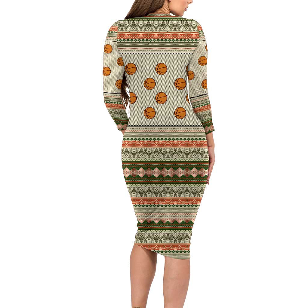 Basketball Winter Christmas Long Sleeve Bodycon Dress Xmas Holiday Patterns - Wonder Print Shop
