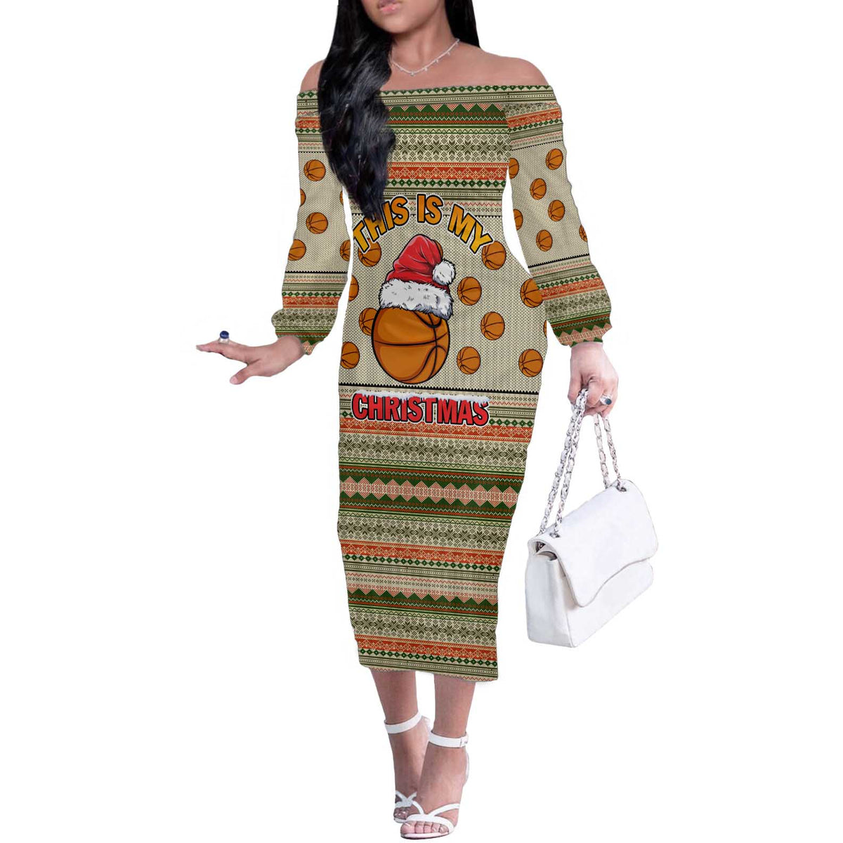 Basketball Winter Christmas Off The Shoulder Long Sleeve Dress Xmas Holiday Patterns - Wonder Print Shop