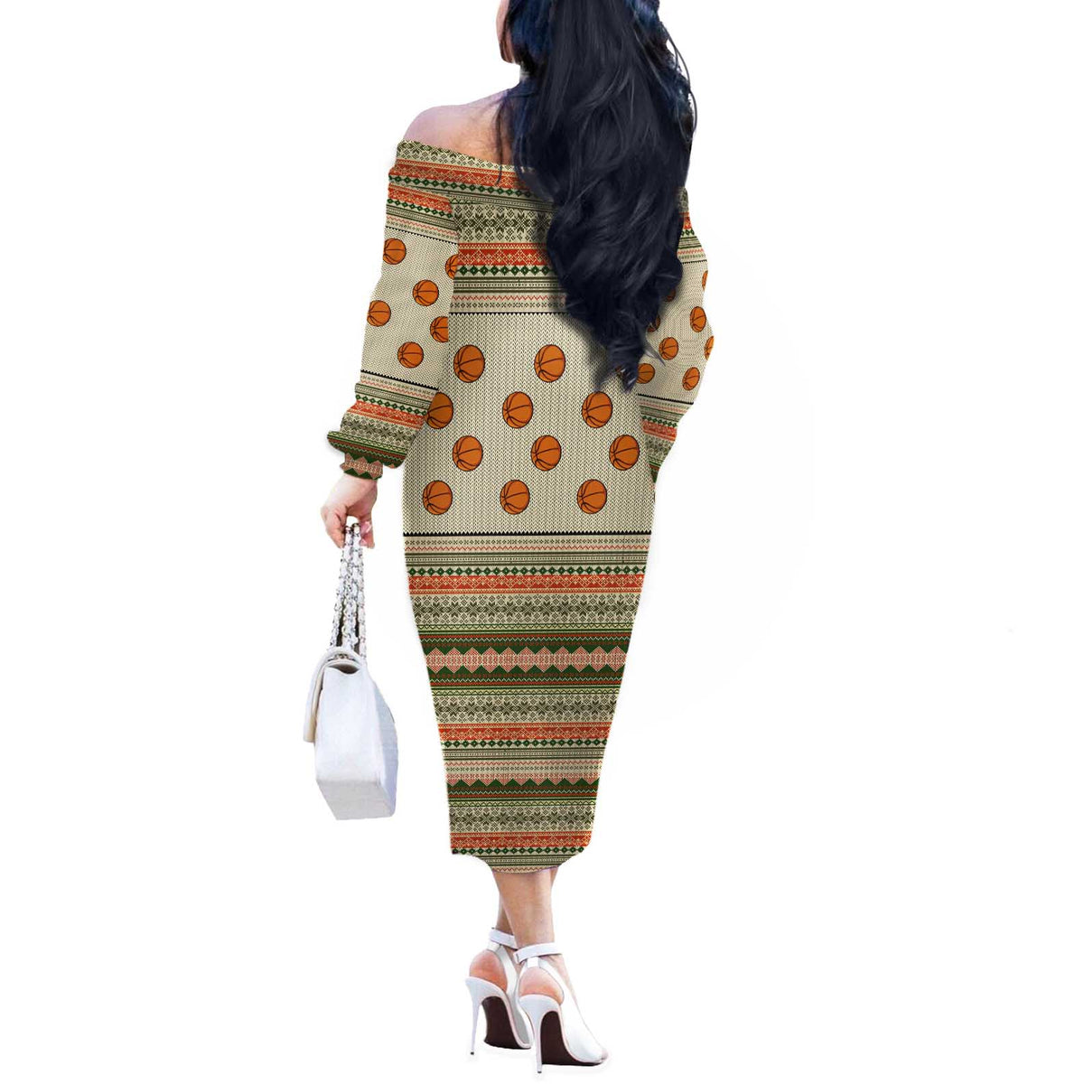 Basketball Winter Christmas Off The Shoulder Long Sleeve Dress Xmas Holiday Patterns - Wonder Print Shop