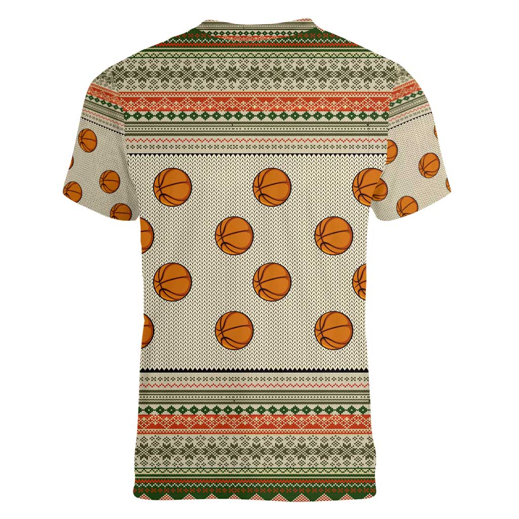 Basketball Winter Christmas Women V-Neck T-Shirt Xmas Holiday Patterns - Wonder Print Shop