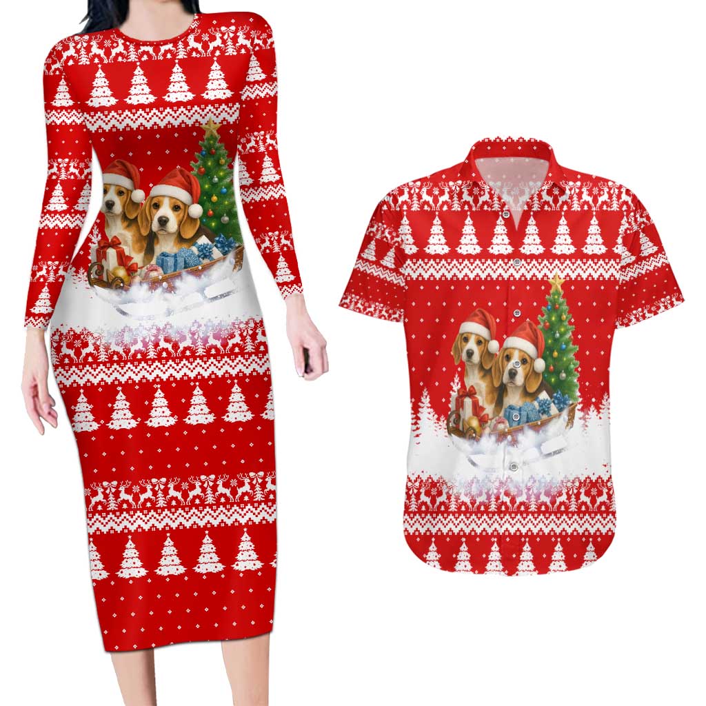 Beagle Dashing Dog Christmas Couples Matching Long Sleeve Bodycon Dress and Hawaiian Shirt Xmas Holiday Patterns - Wonder Print Shop