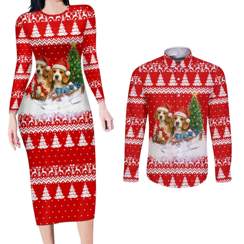 Beagle Dashing Dog Christmas Couples Matching Long Sleeve Bodycon Dress and Long Sleeve Button Shirt Xmas Holiday Patterns - Wonder Print Shop