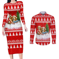 Beagle Dashing Dog Christmas Couples Matching Long Sleeve Bodycon Dress and Long Sleeve Button Shirt Xmas Holiday Patterns - Wonder Print Shop