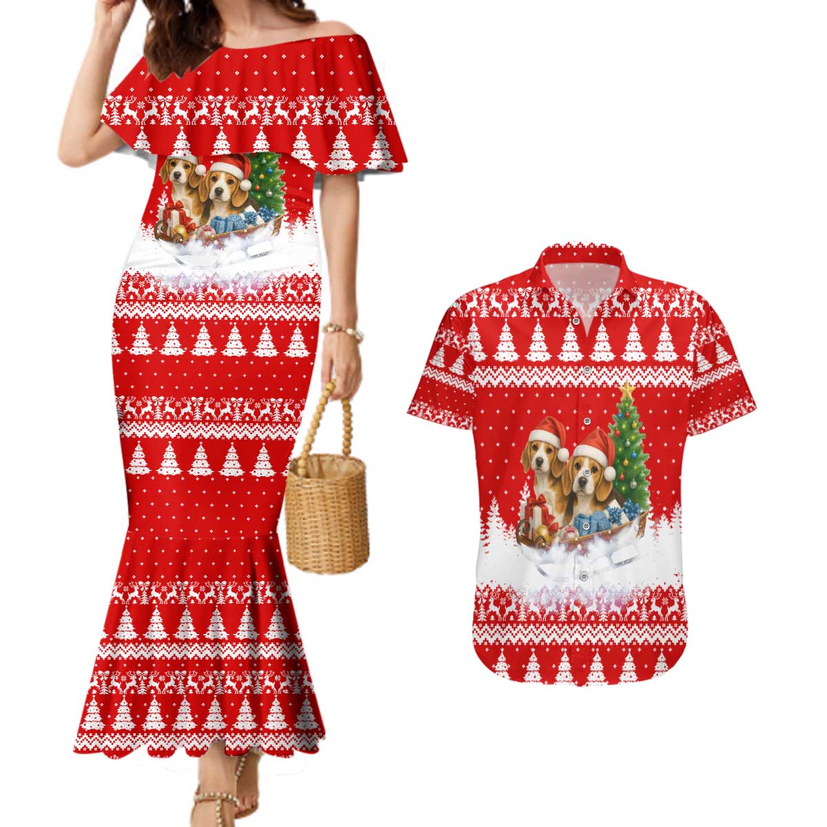 Beagle Dashing Dog Christmas Couples Matching Mermaid Dress and Hawaiian Shirt Xmas Holiday Patterns - Wonder Print Shop