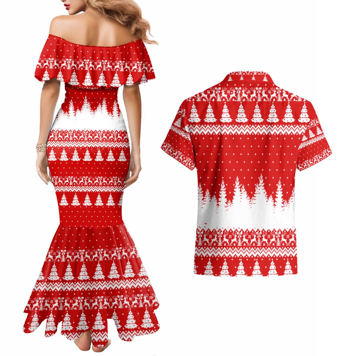 Beagle Dashing Dog Christmas Couples Matching Mermaid Dress and Hawaiian Shirt Xmas Holiday Patterns - Wonder Print Shop