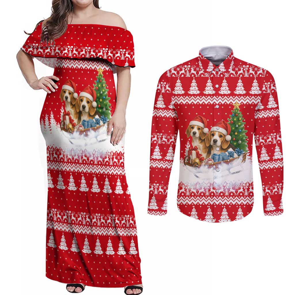 Beagle Dashing Dog Christmas Couples Matching Off Shoulder Maxi Dress and Long Sleeve Button Shirt Xmas Holiday Patterns - Wonder Print Shop