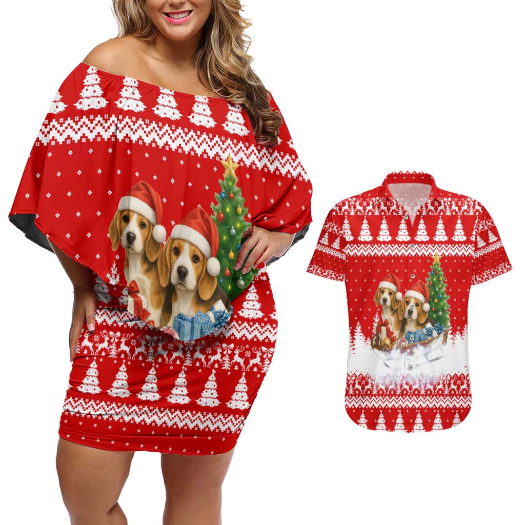 Beagle Dashing Dog Christmas Couples Matching Off Shoulder Short Dress and Hawaiian Shirt Xmas Holiday Patterns - Wonder Print Shop