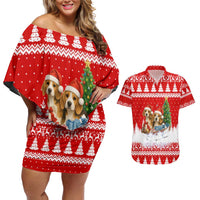 Beagle Dashing Dog Christmas Couples Matching Off Shoulder Short Dress and Hawaiian Shirt Xmas Holiday Patterns - Wonder Print Shop