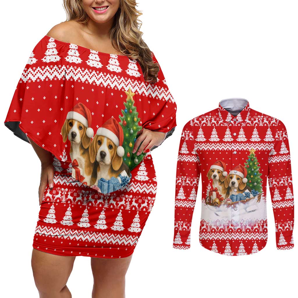 Beagle Dashing Dog Christmas Couples Matching Off Shoulder Short Dress and Long Sleeve Button Shirt Xmas Holiday Patterns - Wonder Print Shop